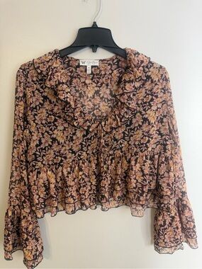 Jessica Simpson Black Pink Floral Ruffle Cropped Top long bell sleeves size  M